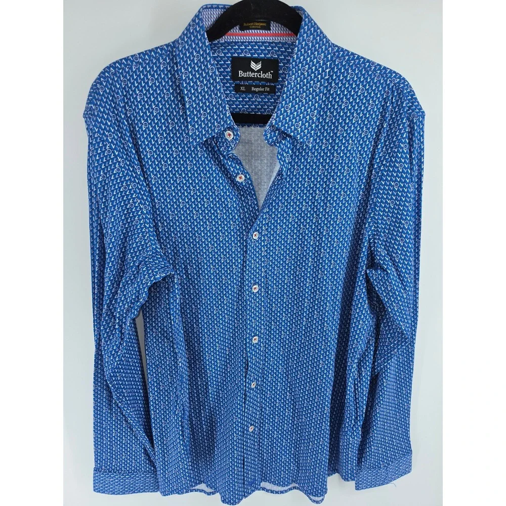 Buttercloth Robert Herjavec Blue Steering Wheel Print Knit Button Down Shirt XL